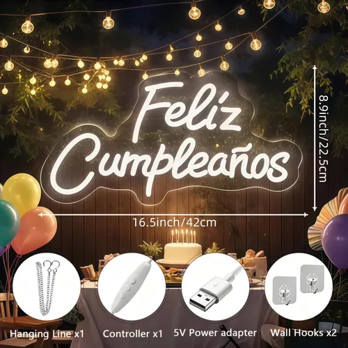 Miniatura 5 de Letrero de neón personalizado con texto en inglés «Feliz Cumpleaños», luz LED de pared para cumpleaños, decoración de fiestas, patio trasero