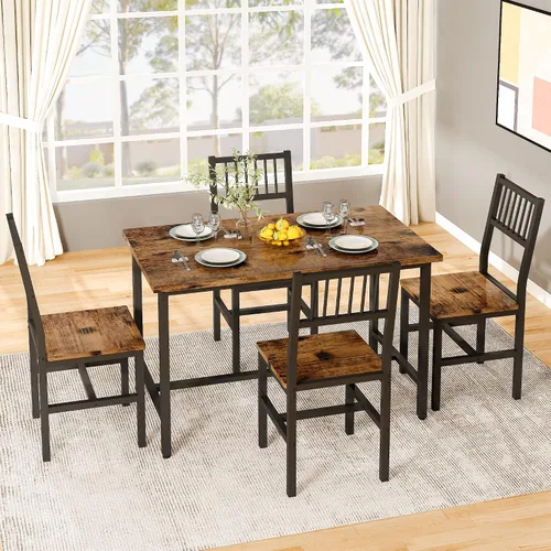 Miniatura 4 de AWQM Juego de mesa de comedor de 43.3 pulgadas para 4, mesa industrial con 4 sillas curvas, juego de mesa de cocina rectangular de 5 piezas
