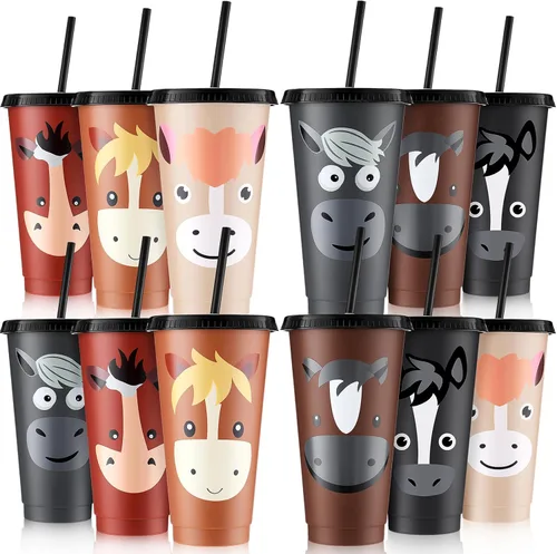 Miniatura 8 de Mifoci 24 tazas de caballo de 24 onzas con tapa, tazas de vaquero con pajita, decoraciones de cumpleaños, vasos de plástico reutilizables