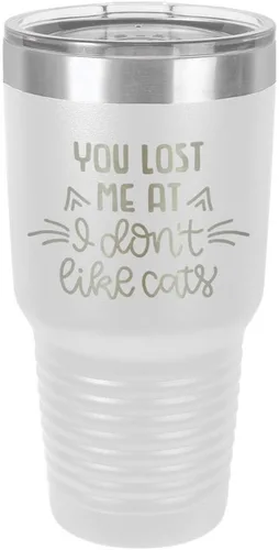 Miniatura 21 de Taza de viaje de acero inoxidable grabada con pajita y tapa superior deslizante, con texto en inglés "You LOST ME AT I DON'T LIKE CATS" Púrpura claro
