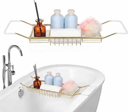 Cabilock Bandeja de baño de acero inoxidable de lujo – Estante de baño moderno expandible de 24.8 pulgadas para bañera con copa de vino y soporte