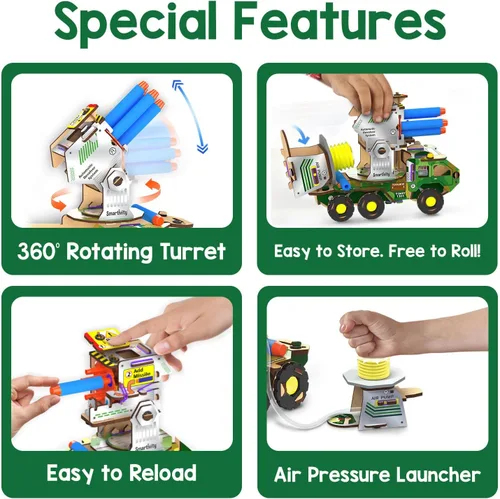 Miniatura 5 de Smartivity Camión de misiles, juguete STEM para niños, construye tu propio camión militario con lanzador giratorio impulsado por aire, regalo