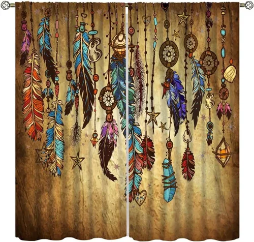 Cortinas de plumas vintage, tribu étnica india nativa americana, estilo azteca, tratamientos de ventana para dormitorio, sala de estar, cocina,