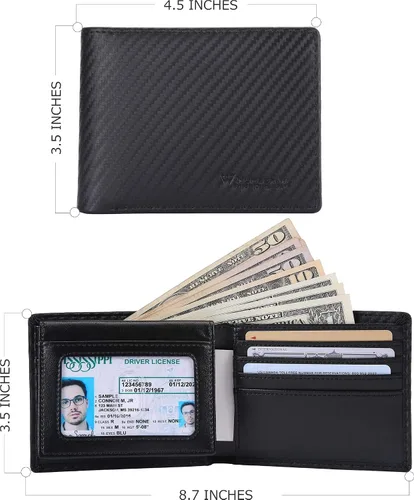 Miniatura 3 de NUMBER.WU 2 ID ventana carteras para hombres bloqueo RFID hombres de fibra de carbono doble cuero genuino trifold cartera para hombre, Negro, M