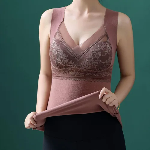 Miniatura 3 de Ropa interior térmica con forro polar para mujer, cuello en V, encaje, camiseta de compresión, chaleco cálido para invierno, capa base