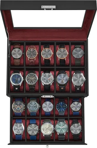 SONGMICS Caja de reloj de 20 ranuras, caja de reloj con tapa de vidrio, 2 capas, vitrina de reloj con cerradura, cuero sintético negro, forro rojo