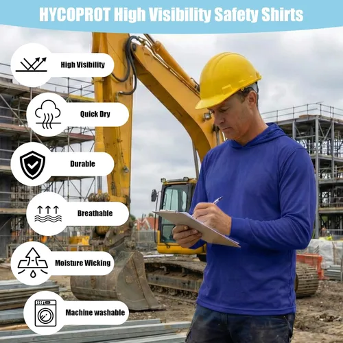 Miniatura 4 de HYCOPROT Hi Vis - Camisas de seguridad con capucha de alta visibilidad, manga larga, camisetas de trabajo de construcción, camisetas con capucha