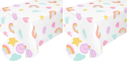 Miniatura 6 de xo, Fetti Mantel desechable con cara sonriente, 9 pies, decoraciones de cumpleaños de arcoíris, cubierta de mesa pastel, mantel para niñas