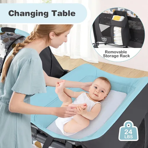 Miniatura 4 de BABY JOY Paquete y juego 5 en 1, corralito portátil para bebé con moisés y cambiador de pañales, cuna central para guardería infantil con juguetes