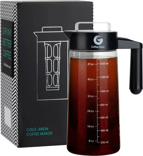 Miniatura 13 de Coffee Gator Cafetera de café frío de 47 onzas, cafetera helada y jarra con jarra de vidrio de borosilicato, filtro, color negro