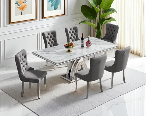 Miniatura 85 de Moderno juego de mesa de comedor de mármol sintético de 68.11 pulgadas para 6, mesa de comedor de mármol blanco y plateado con 6 sillas de Blanco