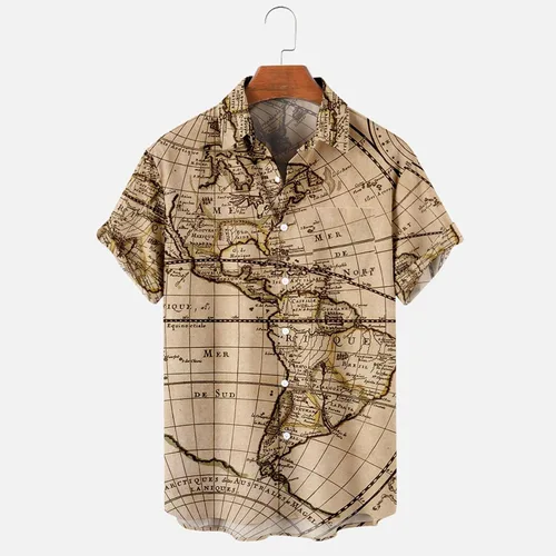 Miniatura 3 de Camisa hawaiana para hombre, casual, con botones, manga corta, unisex, para playa, a la moda, con estampado de mapa del mundo, tops de verano