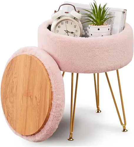 Miniatura 11 de Reposapiés Taburetes Redondos de Piel Sintética Otomana con Espacio de Almacenamiento Silla de Tocador Suave Asiento Mesa de Centro Otomana Mesa