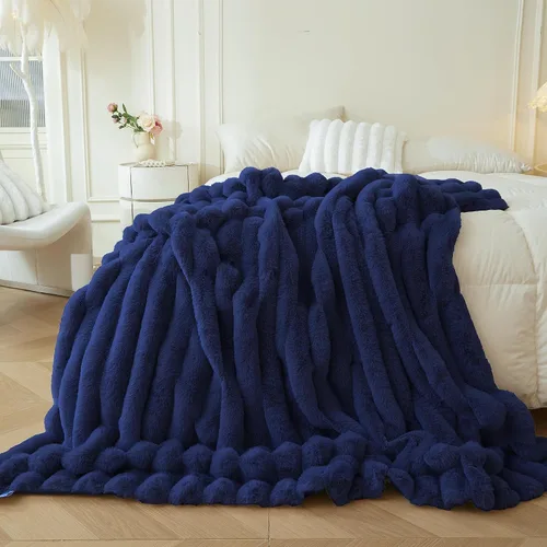 Miniatura 7 de MEGO Manta mullida de piel sintética de conejo, manta mullida de lujo con rayas acanaladas para cama, sofá, silla, manta peluda color marfil