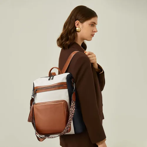Miniatura 13 de OPAGE - Mochila de cuero para mujer, con borla de moda, bolso de hombro, mochila grande, bolsa de viaje, gris, L