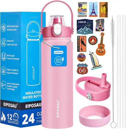 Miniatura 29 de Botella de agua aislada con tapa, bota y calcomanías, botella de acero inoxidable de 24 onzas, sin sudor, mantiene el frío las 24 horas, botella
