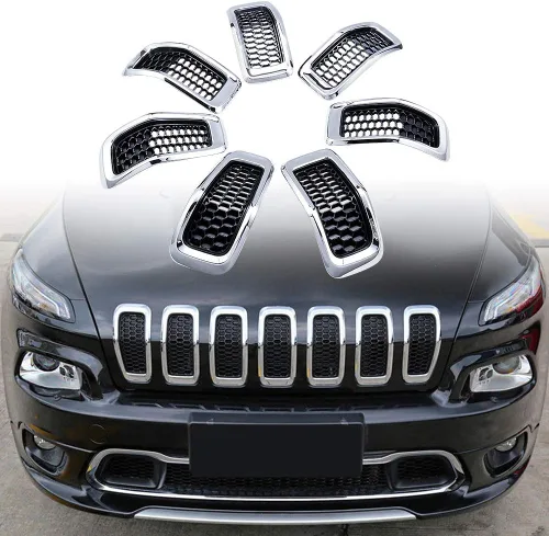 Miniatura 7 de Kit de 7 piezas de cubierta de rejilla de anillo de malla cromada negra compatible con Jeep Cherokee 2014-2018 2015 2016 2017