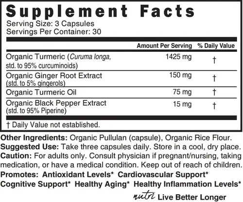 Miniatura 4 de Nutri Suplemento orgánico de curcumina de cúrcuma de 1425 mg – 40 veces más biodisponible – 95% curcuminoides puros – con pimienta negra, jengibre