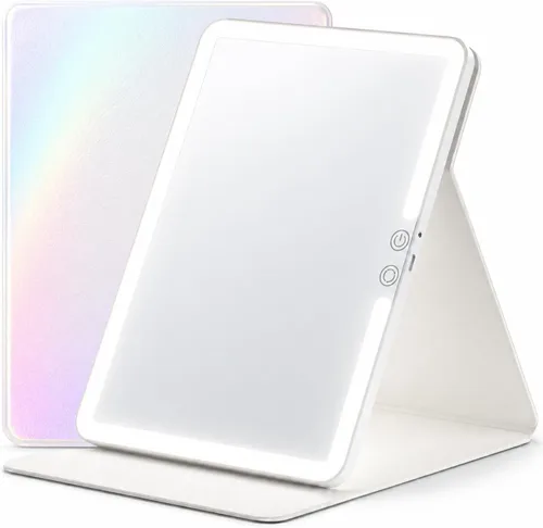 Espejo de maquillaje de viaje con luces, espejo de tocador iluminado, 11.9 pulgadas, cuero blanco perla iridiscente