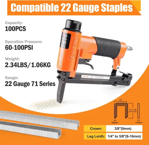 Miniatura 6 de KN7116L - Engrapadora neumática de tapicería de calibre 22, grapadora de alambre fino corona de 3/8 pulgadas, pistola de grapas de tapizado de nariz