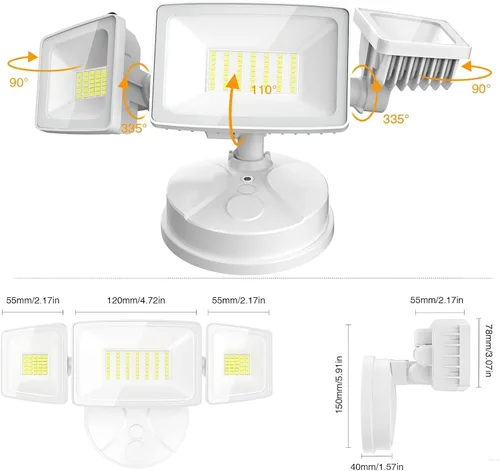 Miniatura 8 de Onforu Luces de inundación de 75 W para exteriores, luces de seguridad de 7000 lm de brillo, controladas por interruptor, con 3 cabezales