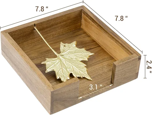 Miniatura 5 de MyGift Servilletero de mesa de madera de acacia de alta calidad, dispensador de servilletas cuadrado rústico con brazo decorativo de hoja de arce
