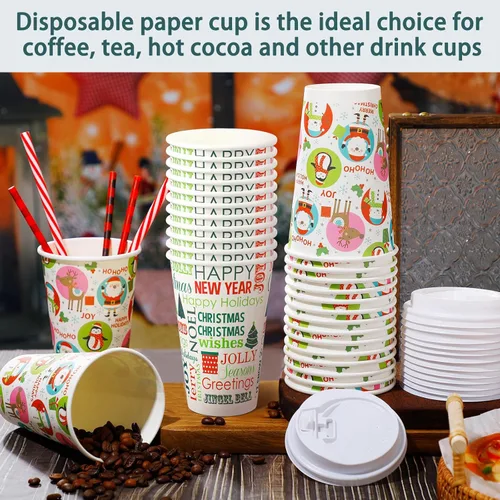 Miniatura 4 de Hotop Juego de 60 vasos de papel de Navidad de 16 onzas con tapas, vasos de papel desechables de Navidad, tazas de café, tanto calientes como fríos