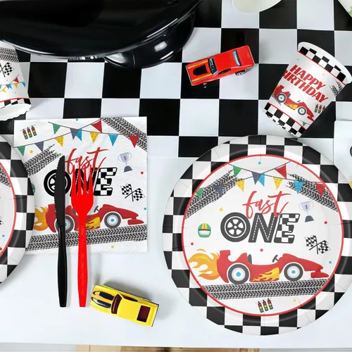 Miniatura 4 de Xigejob Suministros para fiesta de primer cumpleaños de coche de carreras, decoración rápida de un cumpleaños, vajilla, plato de papel, servilleta