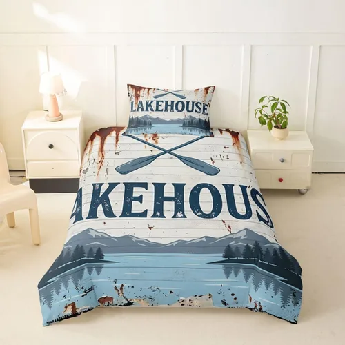 Miniatura 32 de Erosebridal Lake House Twin Bed Set for Boys Girls Kids, Blue and Beige Lakehouse 2Pcs Duvet Cover with Zipper, Rustic Farmhouse Bedding Sets
