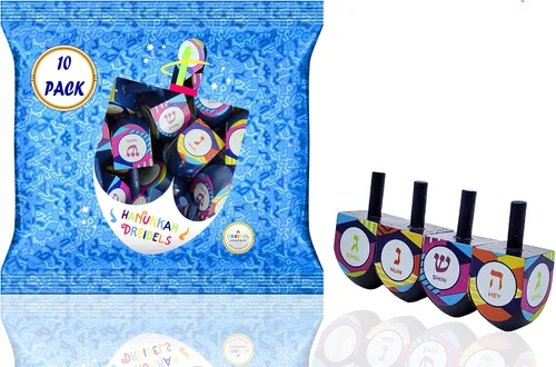 Miniatura 3 de The Dreidel Company Paquete de 10 unidades multicolor pintadas a mano de madera, el juego de Hanukkah, Let's Play Dreidel de 1.75 pulgadas