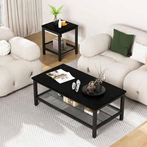 Miniatura 5 de Conjunto de 3 mesas de café AWQM, mesa de café industrial con 2 mesas auxiliares cuadradas, conjunto de mesas modernas para sala de estar con Negro