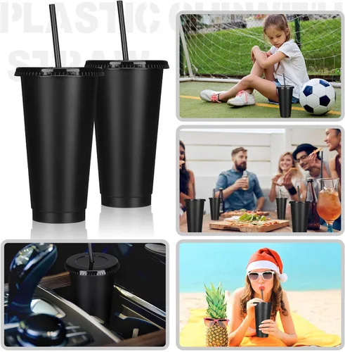 Miniatura 5 de Bokon 60 Juegos de Vasos con Popote y Tapa al Por Mayor, Vasos de Plástico Reutilizables de 24 oz con Tapas y Pajillas, Botella de Agua, Taza