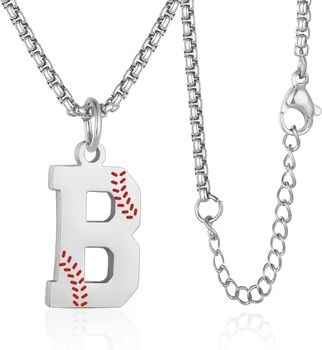 Susook Collar con inicial de béisbol para niños, dije de letra A-Z, cadena de acero inoxidable de 22 + 2 pulgadas, regalo de béisbol personalizado