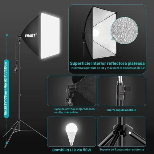 Miniatura 4 de EMART Sistema de soporte de telón de fondo de 8.5 x 10 pies, kit de iluminación profesional para fotografía con bombilla LED de 50 W, telón de fondo