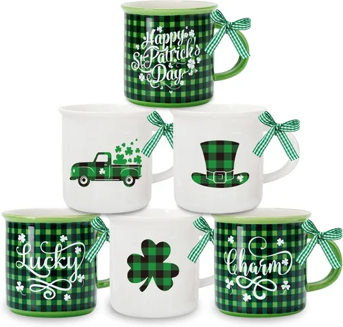 Miniatura 8 de Whaline 6 tazas de café de Navidad con cinta, color rojo y negro, a cuadros, camión, reno, árbol de Navidad, bandeja escalonada, decoración