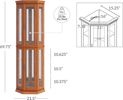 Miniatura 2 de BELLEZE Vitrina Curio con iluminación de 3 lados, puerta de vidrio templado y estantes, gabinete de esquina de madera con bombilla, estante Roble