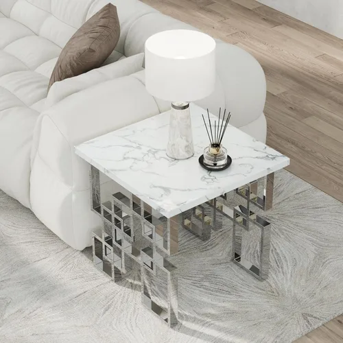 Miniatura 4 de AUZ Mesa auxiliar plateada, moderna mesa auxiliar cuadrada para sala de estar con parte superior de mármol sintético blanco y base geométrica