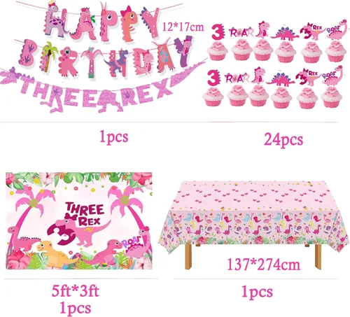 Miniatura 3 de Dino Rex - Decoraciones para fiesta de cumpleaños de tres niñas, suministros de dinosaurio rosa
