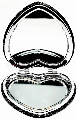 Miniatura 3 de Bonito espejo compacto en forma de corazón para bolso, espejo de viaje negro con purpurina, espejo de bolsillo pequeño de cuero, espejo