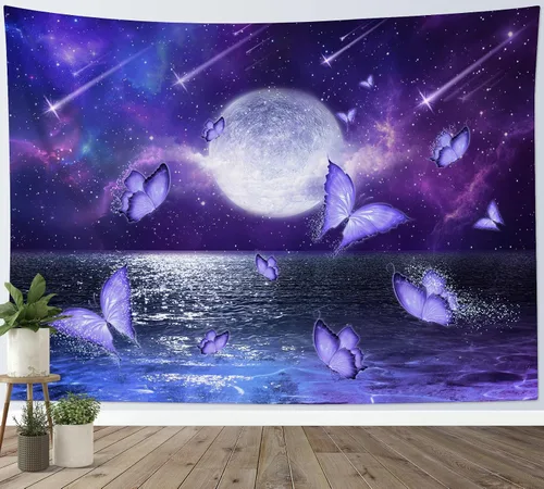 Miniatura 12 de LB Tapiz pequeño de luna llena sobre océano, tapiz psicodélico de mariposa verde azulado, tapiz de cielo nocturno estrellado y luna y estrellas