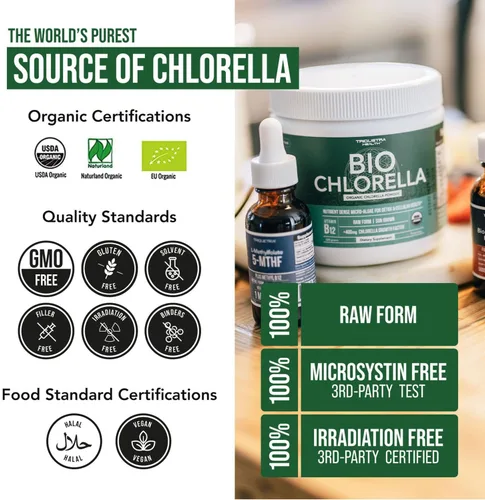 Miniatura 3 de Polvo orgánico de Chlorella - Cruda y cultivada al sol - Algas verdes densas en nutrientes con CGF (factor de crecimiento de Chlorella), apoya