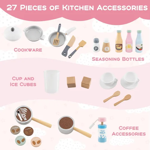 Miniatura 5 de HONEY JOY Juego de cocina para niños, juego de cocina de juguete de madera con luces, cafetera, microondas, fregadero, máquina de hielo, lavadora