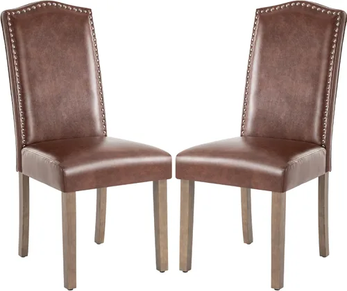 Miniatura 11 de Silla de comedor tapizada moderna y elegante Parsons con respaldo alto con ribete plateado de cabeza de clavo y patas de madera, juego de 2, piel