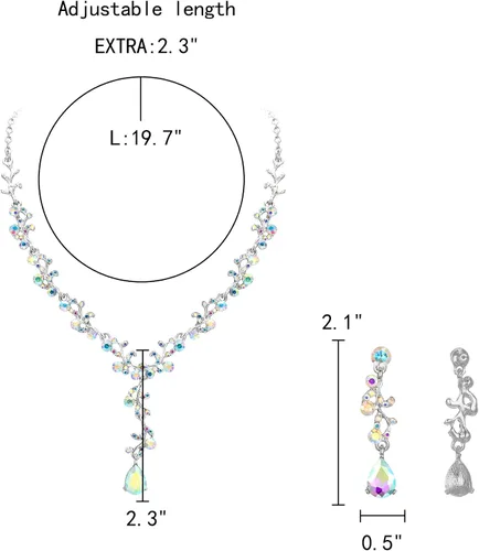 Miniatura 5 de EleQueen Austrian Crystal Necklace Earrings Bridal Jewerly Set for Brides Wedding Party Dress Costume Accessories for Women Iridescent AB Silver-Tone