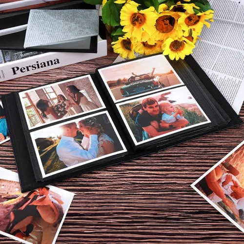 Miniatura 3 de RECUTMS Álbum de fotos 4x6 de 200, álbum de fotos con cubierta de cuero deslizable para fotos de familia, boda, niños, vacaciones, aniversario Negro