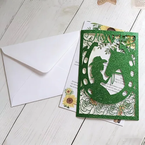 Miniatura 9 de 50 piezas de tarjetas de invitación de quinceañera con purpurina, invitación para fiesta de los 15 años, purpurina de caballo, DIY, tarjetas de boda