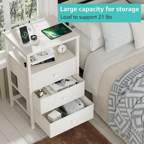 Miniatura 61 de BOLUO Mesita de noche blanca con estación de carga, mesa de noche LED con 2 cajones de tela, mesa auxiliar con puertos USB y tomas de corriente