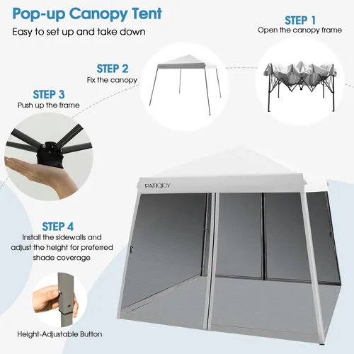 Miniatura 4 de Tangkula Toldo desplegable de 10 x 10 pies con red, toldo de pierna inclinada para exteriores con bolsa enrollable, 4 bolsas de arena, 8 estacas, 4