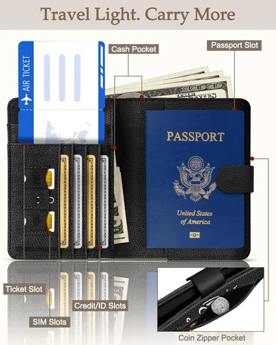 Miniatura 2 de Slohif Funda para pasaporte para viajes, para mujeres y hombres, bloqueo RFID, protector de pasaporte para tarjetas de tarjeta de embarque, Negro