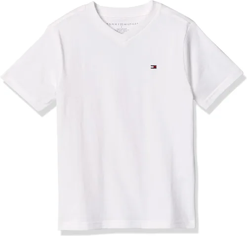 Tommy Hilfiger Camiseta de manga corta para niño, 100% algodón, color sólido con logotipo bordado, cuello en V y cuello redondo estilo camiseta